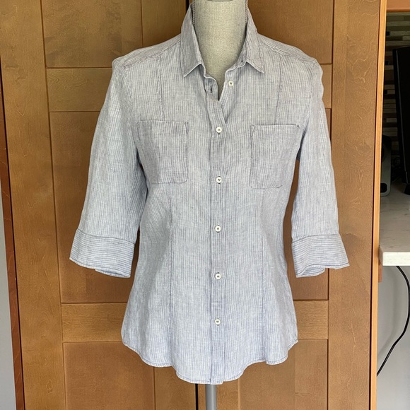 Max Mara Weekend Tops - MAX MARA WEEKEND Women's Linen Blue/White Pinstripe Short Sleeve Shirt, Size 4-6